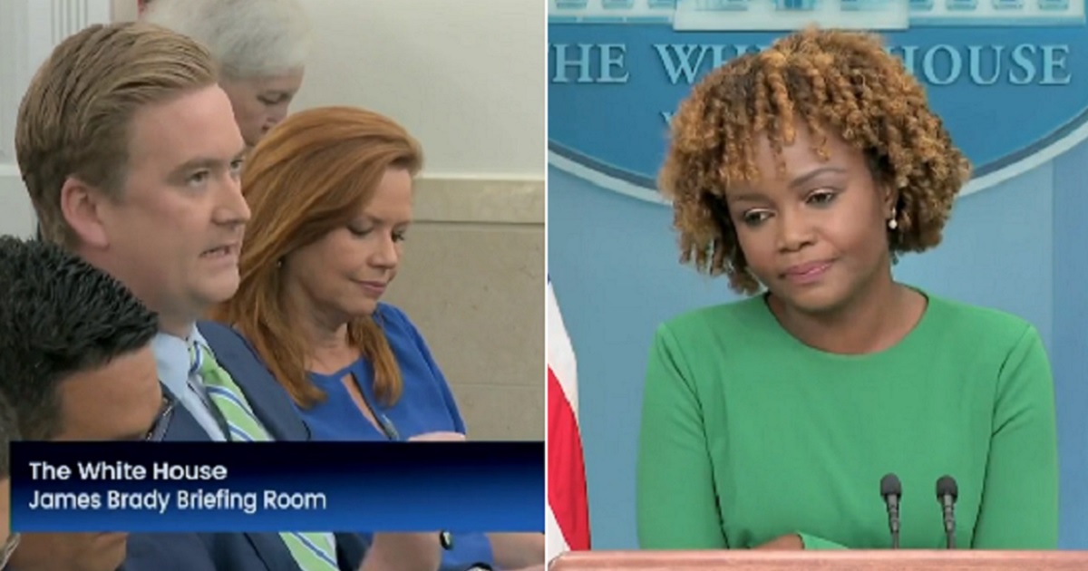 Fox News White House correspondent Peter Doocy, left; White House press secretary Karine Jean Pierre, right.