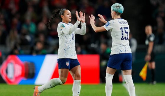 United States Women's National Team player Sophia Smith, left, is replaced by Megan Rapinoe during the second half of the Women's World Cup Group E soccer match between Portugal and the United States at Eden Park in Auckland, New Zealand, on Tuesday.