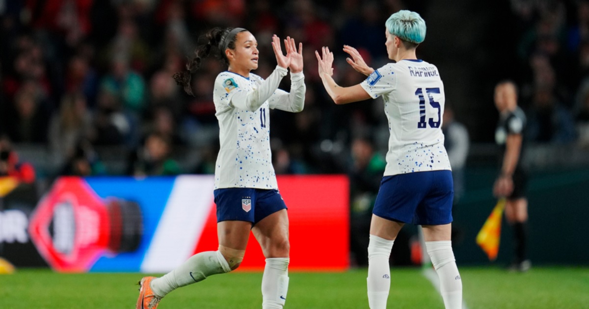 United States Women's National Team player Sophia Smith, left, is replaced by Megan Rapinoe during the second half of the Women's World Cup Group E soccer match between Portugal and the United States at Eden Park in Auckland, New Zealand, on Tuesday.