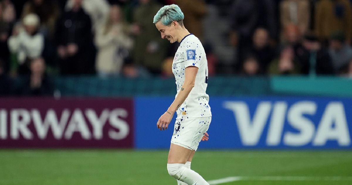 Megan Rapinoe laughs as she walks away from a missed kick Sunday at the Women's World Cup in Melbourne, Australia.