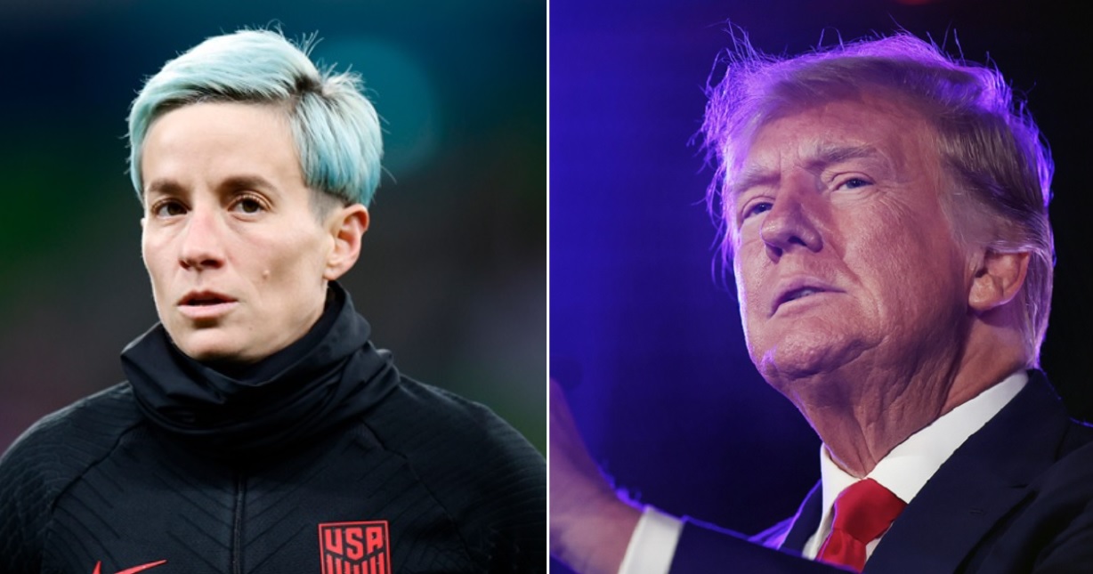 U.S. Women's National Team player Megan Rapinoe, left, before Sunday's game against Sweden that ended in the U.S. women being ousted from the Women's World Cup. Former President Donald Trump, right, was among many Americans who weren't happy with Rapinoe's performance, or her politics.