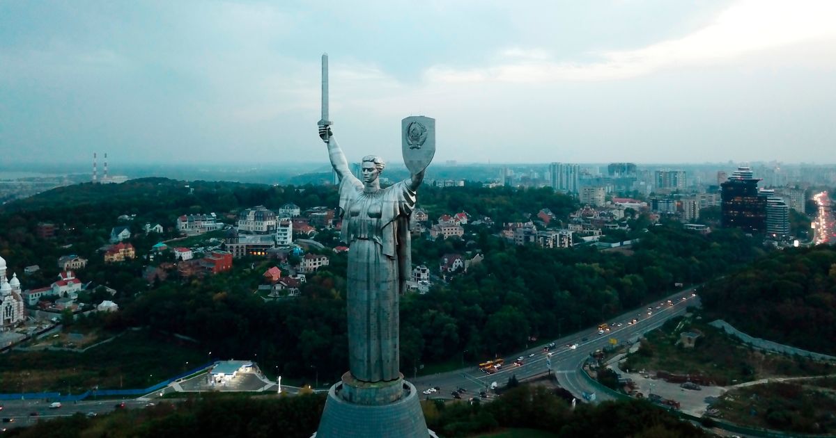 This Sept. 21, 2017, photo shows the 500-ton Motherland Monument which sits on the bank of the Dnieper River in Kiev, Ukraine.