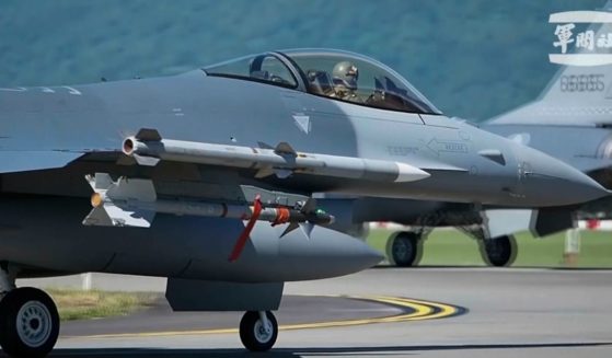 In this grab from video released by the Taiwan Military News Agency, F-16s fighter jets taxi on a runway as they preparing to take off at Hualien Airbase in Taiwan's southeastern Hualien county.