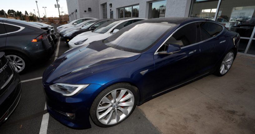 A 2020 Tesla Model S is pictured in a dealership in Littleton, Colorado, in a December 2020 file photo.