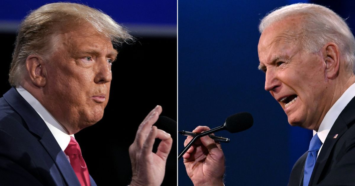 Then-President Donald Trump, left, and current President Joe Biden faced off during the final presidential debate at Belmont University in Nashville, Tennessee, on Oct. 22, 2020.
