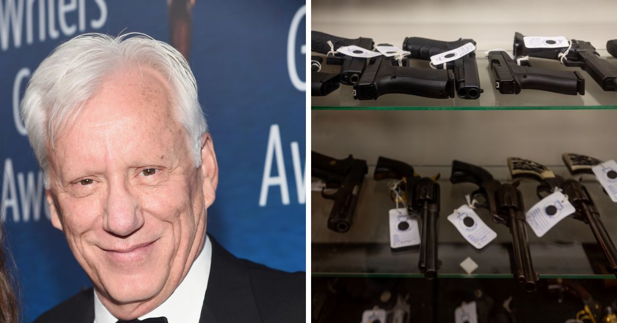 (L) Actor James Woods attends the 2017 Writers Guild Awards L.A. Ceremony at The Beverly Hilton Hotel on February 19, 2017 in Beverly Hills, California. (R) Firearms are seen displayed on shelves in the McBride Guns Inc. store on August 25, 2023 in Austin, Texas.
