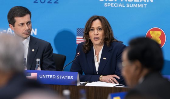 Vice President Kamala Harris, next to Transportation Secretary Pete Buttigieg, speaks at the State Department in Washington, D.C., during the US-ASEAN Summit on May 13, 2022. Harris is visiting Indonesia this week for the 2023 Association of Southeast Nations summit.