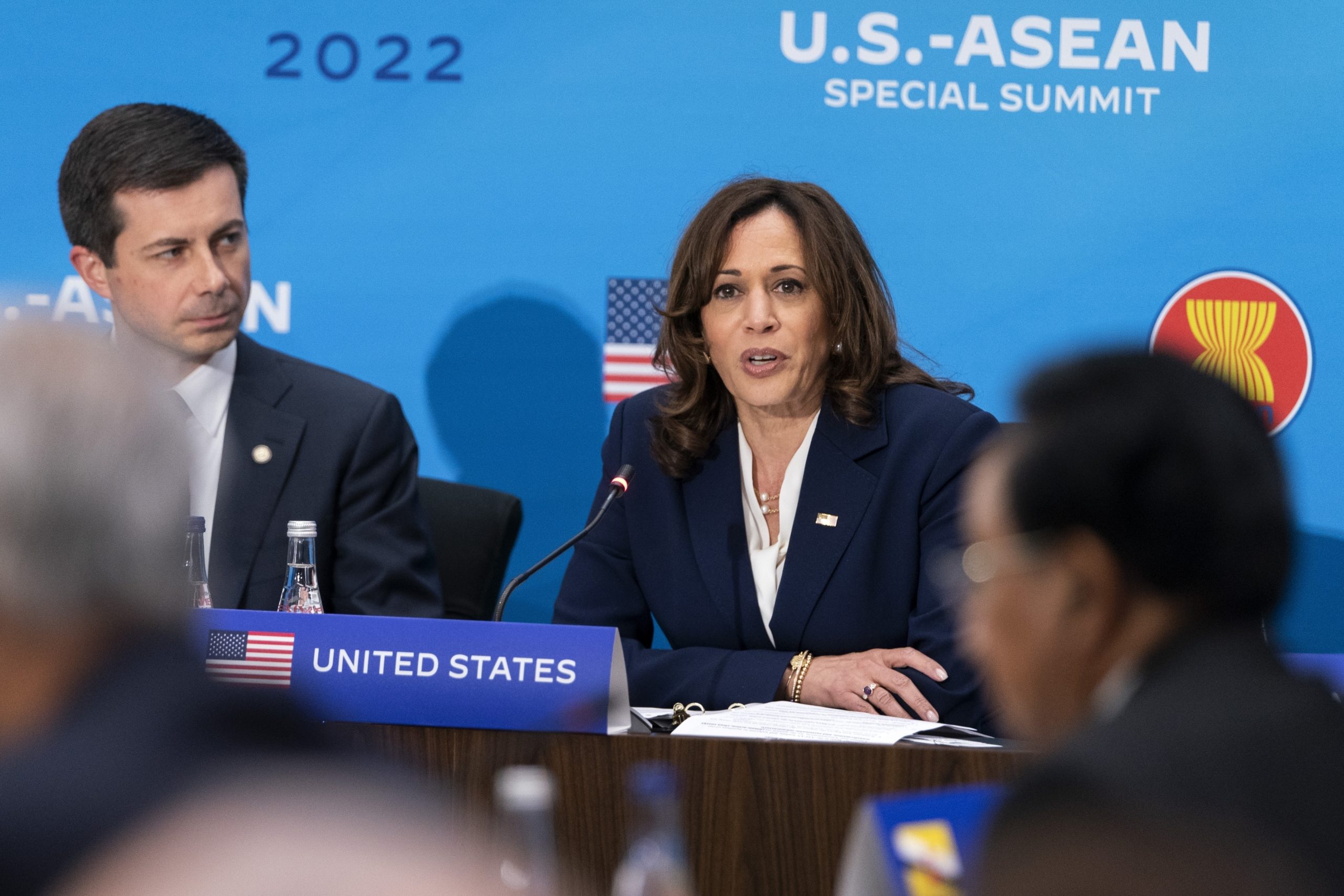 Vice President Kamala Harris, next to Transportation Secretary Pete Buttigieg, speaks at the State Department in Washington, D.C., during the US-ASEAN Summit on May 13, 2022. Harris is visiting Indonesia this week for the 2023 Association of Southeast Nations summit.