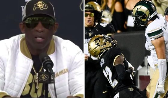 Colorado head coach Deion Sanders addresses the media on Tuesday. Wide receiver Travis Hunter of the Buffaloes is hit by defensive back Henry Blackburn of the Colorado State Rams at Folsom Field on Saturday in Boulder, Colorado.