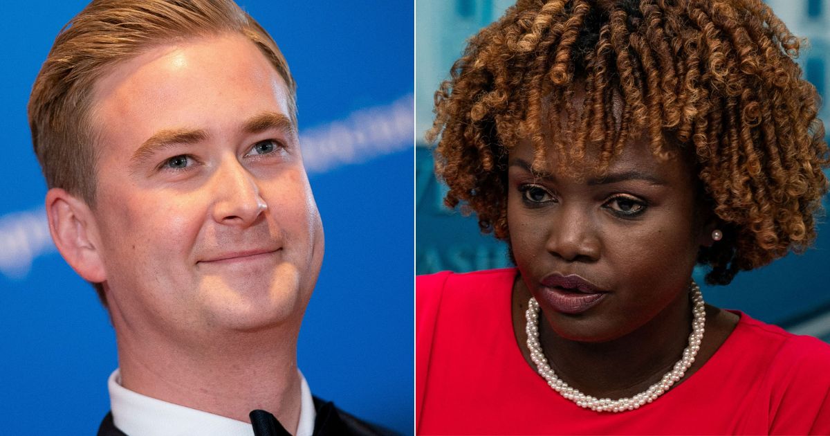 On Tuesday, Fox News White House corespondent Peter Doocy, left, asked White House press secretary Karine Jean-Pierre, right, why the White House staff appears to treat President Joe Biden like a "baby."