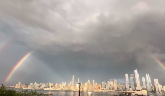 On Monday, a double rainbow spanned the New York City skyline, going over where the World Trade Center Towers collapsed 22 years before.