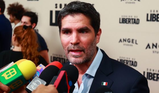 Eduardo Verastegui speaks to the news media during the red carpet for the movie 'Sound of Freedom' on Aug. 29 in Mexico City.
