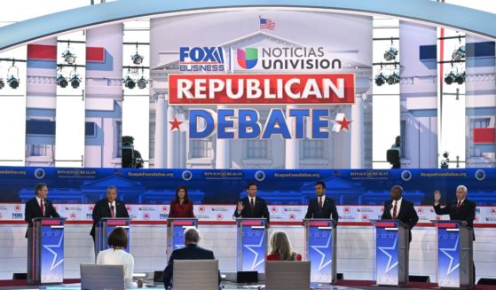 Seven Republican primary candidates participate on stage during the Fox News Business Republican Primary Debate at the Ronald Reagan Presidential Library in Simi Valley, California, on Wednesday night.