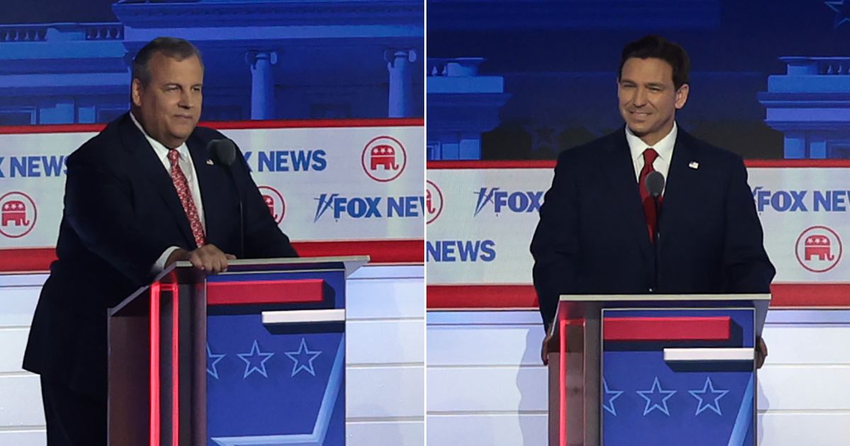 Republican presidential candidates former New Jersey Gov. Chris Christie and Florida Gov. Ron DeSantis participate in the first debate of the GOP primary season hosted by FOX News at the Fiserv Forum on Aug. 23 in Milwaukee, Wisconsin.