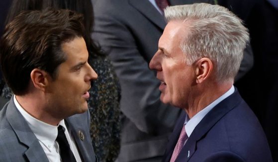 Florida Rep. Matt Gaetz, left, talks to California Rep. Kevin McCarthy at the U.S. Capitol in Washington on Jan. 6 during McCarthy's battle to become speaker of the House.