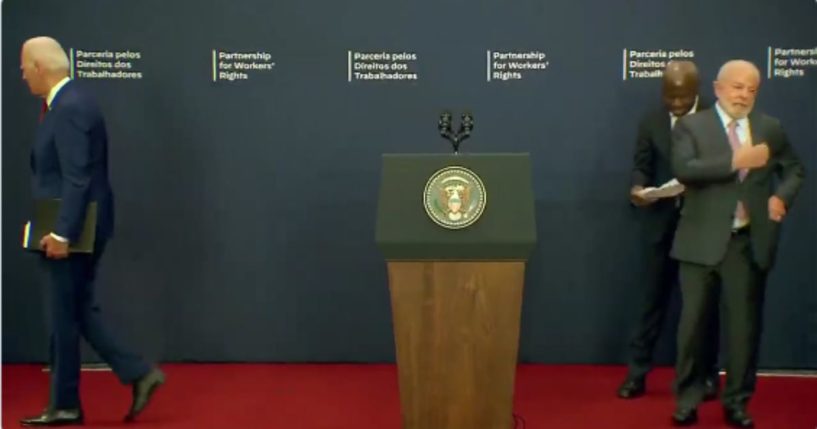 U.S. President Joe Biden, left, leaves a media briefing with Brazilian President Luiz Inácio Lula da Silva, right.