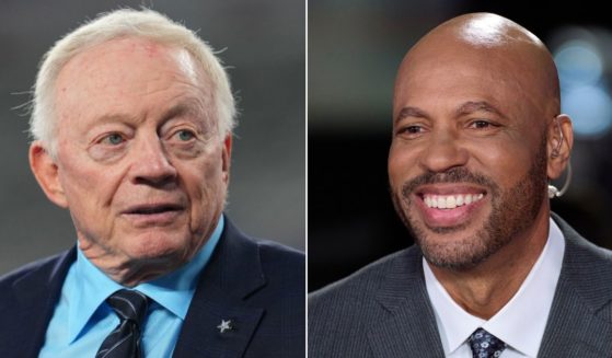 At left, Dallas Cowboys owner Jerry Jones is seen prior to his team's game against the New York Giants at MetLife Stadium in East Rutherford, New Jersey, on Sunday. At right, Jim Trotter speaks during a news conference ahead of Super Bowl LVII at the Phoenix Convention Center in Arizona on Feb. 8.