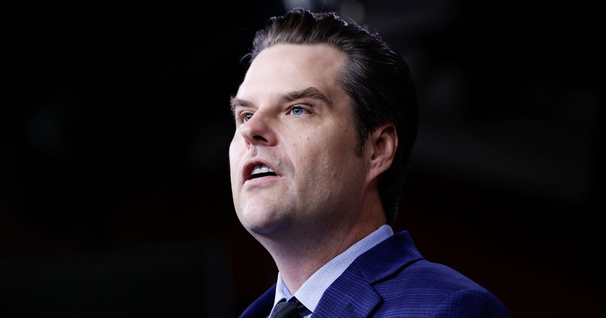 Republican Rep. Matt Gaetz of Florida speaks during a news conference on the National Defense Authorization Act with members of the House Freedom Caucus in Washington on July 14.