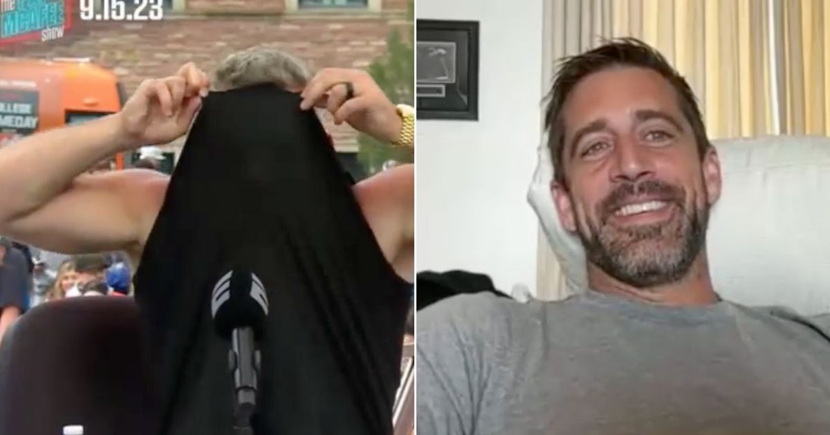 ESPN host and former NFL punter Pat McAfee, left, responded to a quip by Aaron Rodgers, right, by hiding his face inside his shirt.