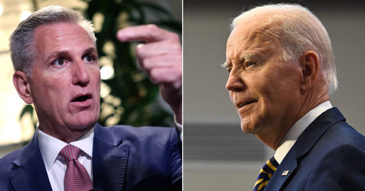 At left, Speaker of the House Kevin McCarthy speaks to reporters at the U.S. Capitol in Washington on Thursday. At right, President Joe Biden speaks at Prince George's Community College in Largo, Maryland, on Thursday.