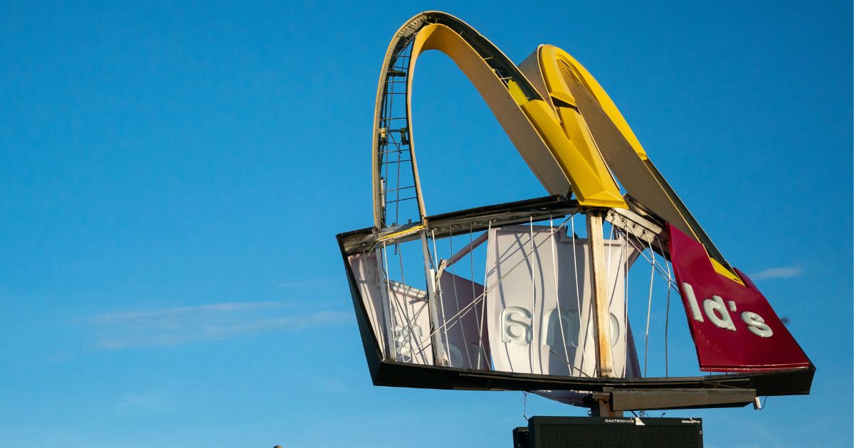 A storm-damaged McDonald's sign is seen in Perry, Florida, on Aug. 30, after Hurricane Idalia hit the state.
