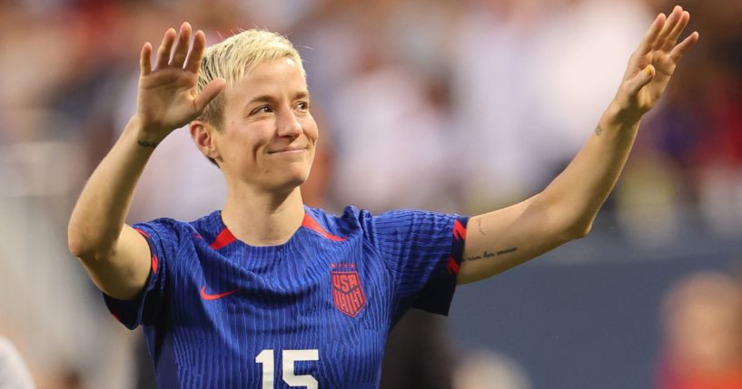 Megan Rapinoe waves to fans as she leaves the field after her final game with the United States women's soccer team, which was played against South Africa in Chicago, Illinois, on Sunday.