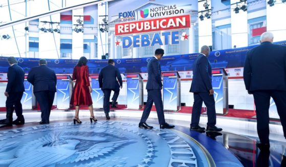 Seven Republican president candidates take the stage at the Ronald Reagan Presidential Library in Simi Valley, California, on Wednesday, for the second Republican debate.