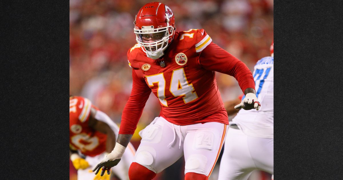 Kansas City Chiefs offensive tackle Jawaan Taylor (74) blocks during the second half of an NFL football game against the Detroit Lions, Thursday in Kansas City, Missouri.