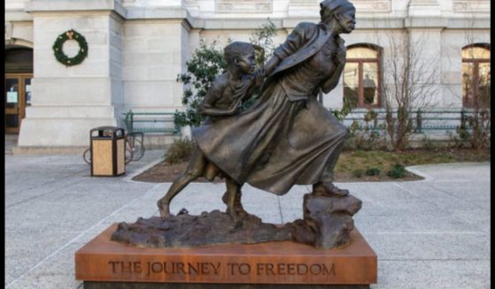 Wesley Wofford's statue honoring Harriet Tubman, "The Journey to Freedom," is displayed in Philadelphia in January 2022.