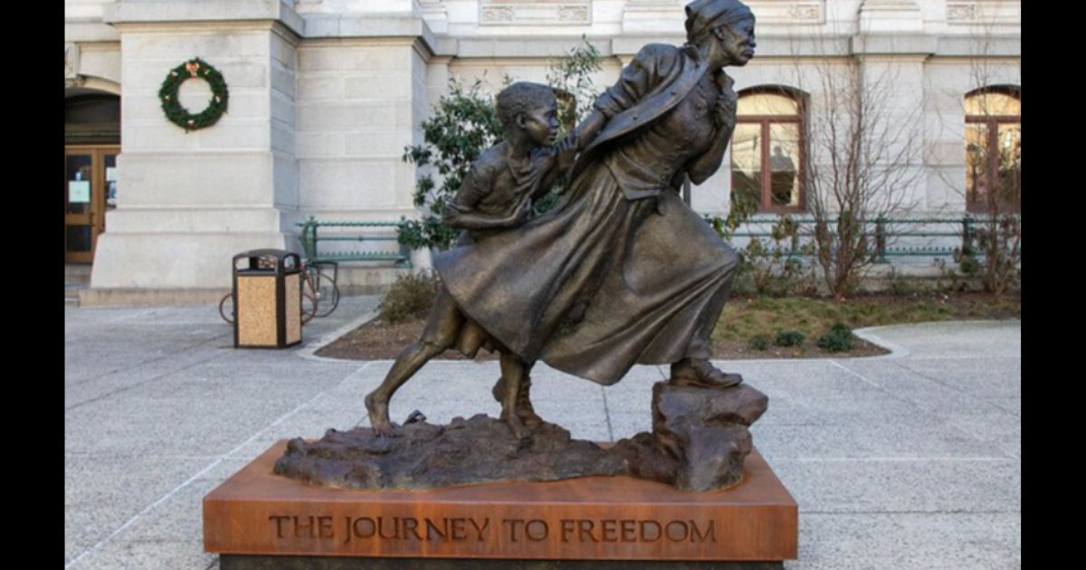 Wesley Wofford's statue honoring Harriet Tubman, "The Journey to Freedom," is displayed in Philadelphia in January 2022.