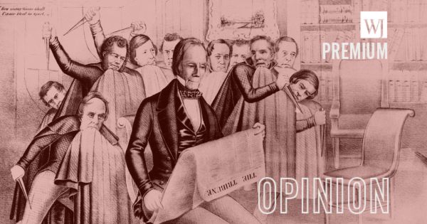 This cartoon of the 1840 Whig Party campaign of 1840 shows the Harrison wing of the Whigs beating Henry Clay, shown reading the Tribune, by political maneuvering.