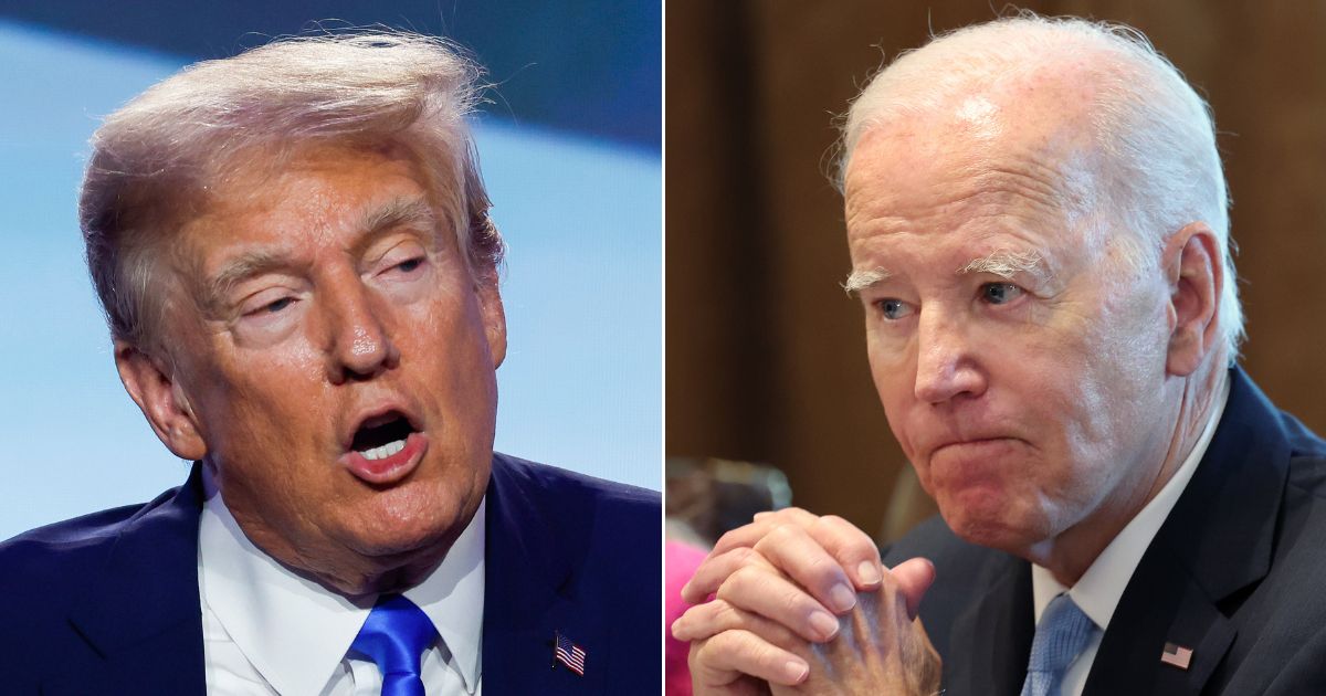 At left, Republican presidential candidate and former President Donald Trump speaks at the Pray Vote Stand Summit at the Omni Shoreham Hotel in Washington on Friday. At right, President Joe Biden listens to shouted questions regarding his impeachment during a meeting at the White House in Washington on Wednesday.