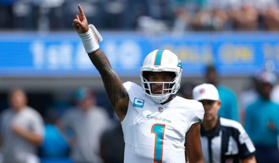 Tua Tagovailoa of the Miami Dolphins gestures during the game against the Los Angeles Chargers at SoFi Stadium in Inglewood, California, on Sept. 10.