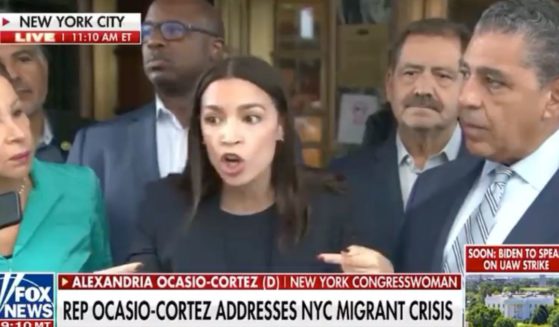 Democratic Rep. Alexandria Ocasio-Cortez of New York tries to speak during a protester-filled media event Friday in New York City.