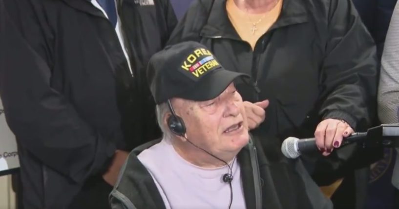 Korean War veteran Frank Tammaro, 95, speaks at a news conference Monday about being removed from his assisted-living facility in New York City so that illegal immigrants could be housed there. "It was very disgraceful what they did to the people in Island Shores," Tammaro said.