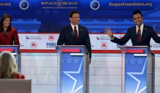 Nikki Haley, Ron DeSantis and Vivek Ramaswamy participate in the Republican primary debate at the Ronald Reagan Presidential Library on Wednesday in Simi Valley, California.
