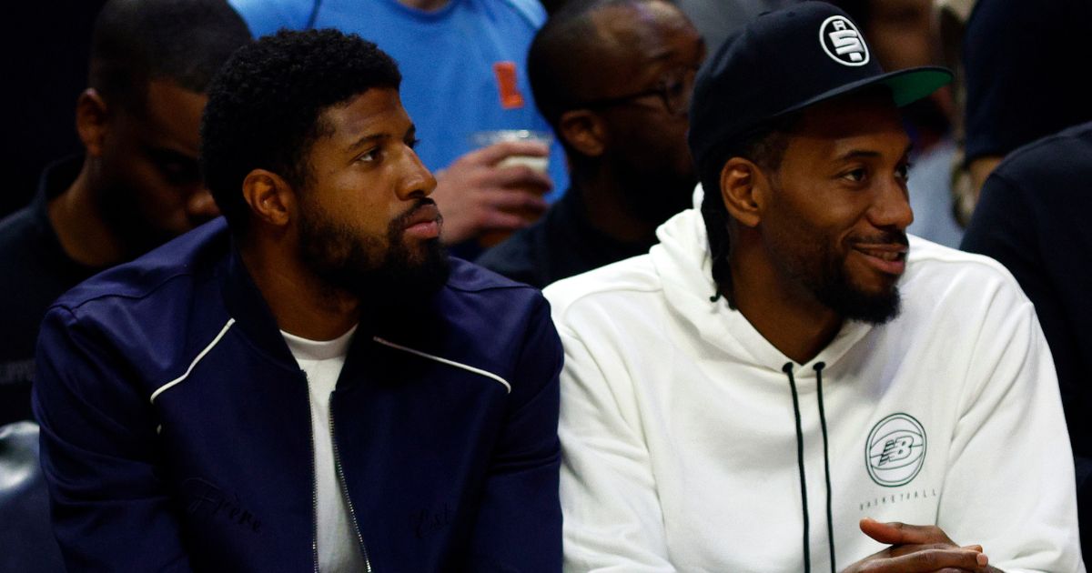 Paul George #13 and Kawhi Leonard #2 of the LA Clippers in the third quarter at Crypto.com Arena on March 3, 2022, in Los Angeles.