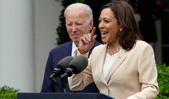 President Joe Biden looks on while Vice President Kamala Harris speaks in the White House Rose Garden in May.