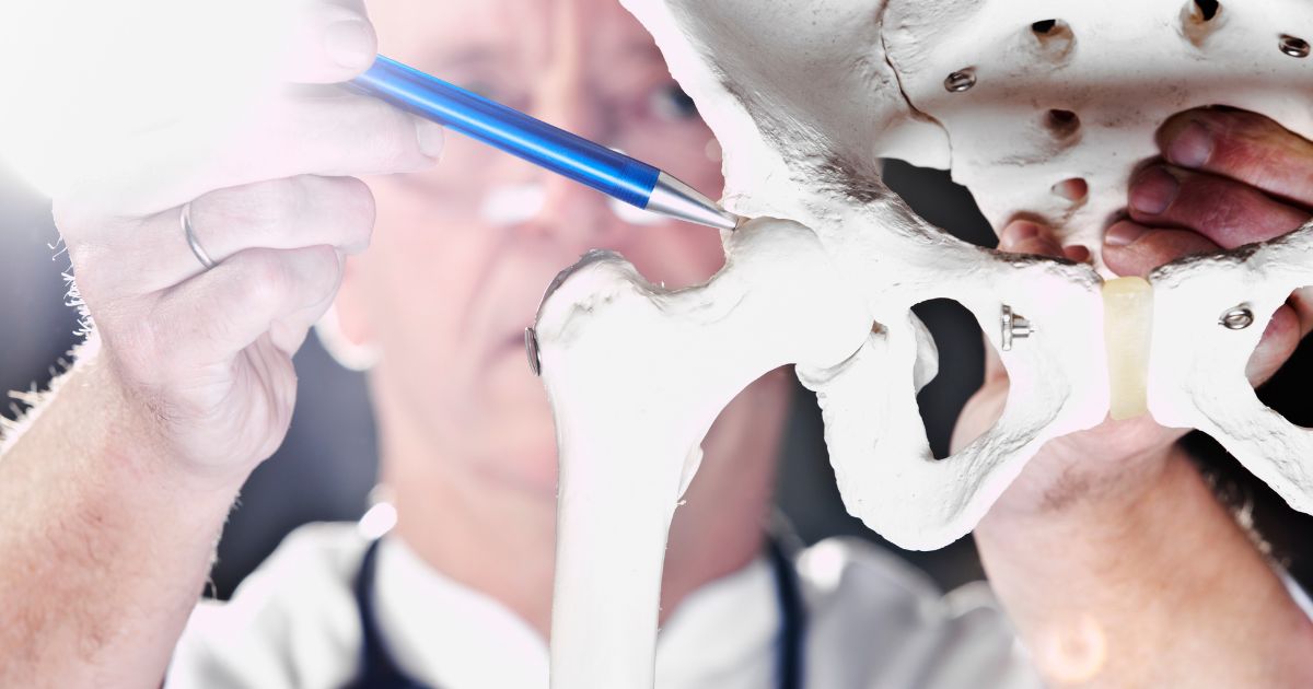 A man examines a model skeleton in this stock image.