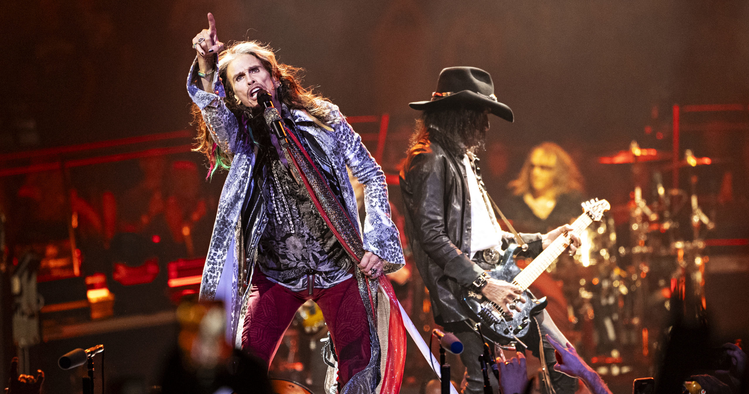 Steven Tyler, left, and Joe Perry of Aerosmith perform during night one of their "Peace Out: The Farewell Tour" on Saturday, Sept. 2, 2023, at Wells Fargo Center in Philadelphia.