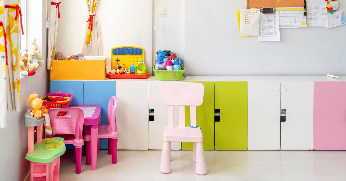 This stock image shows a colorful children's classroom.