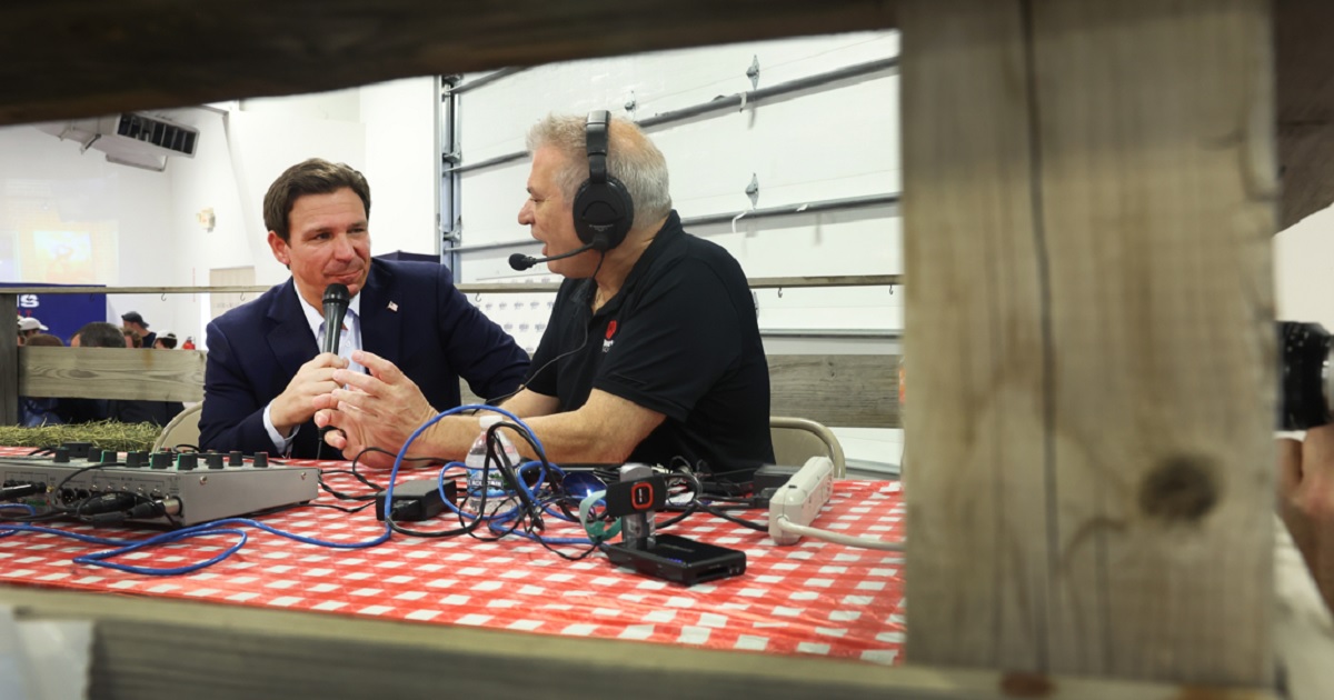 Florida Gov. Ron DeSantis is pictured in a file photo from an Aug. 6 interview at Ashley's BBQ Bash hosted by Republican Rep. Ashley Hinson in Cedar Rapids, Iowa.