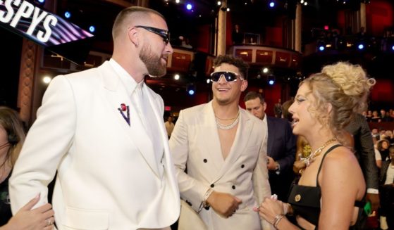 Travis Kelce, Patrick Mahomes and Brittany Mahomes attend The 2023 ESPY Awards at Dolby Theatre on July 12 in Hollywood, California.