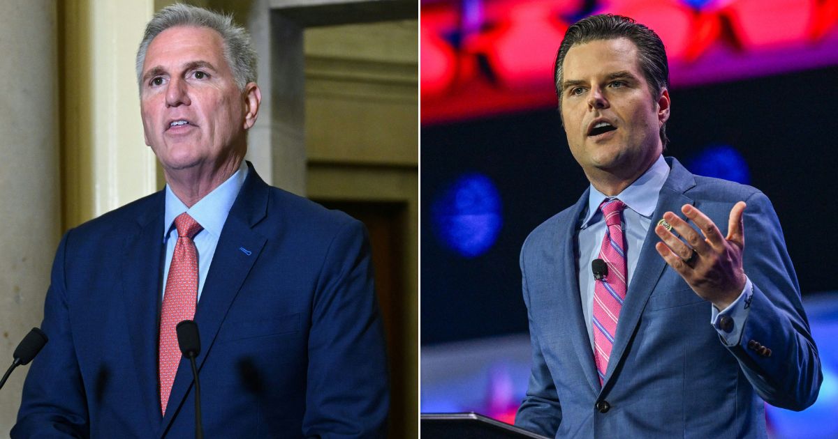 GOP Congressman Matt Gaetz is seen on the right, while Speaker of the House Kevin McCarthy is seen on the left.