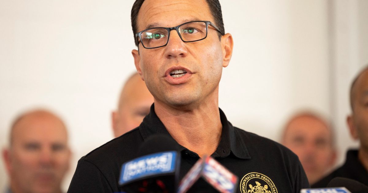 Pennsylvania Governor Josh Shapiro speaks to the media at a press conference held at the Po-Mar-Lin Fire Company in Unionville, Pennsylvania, on Sept. 13.