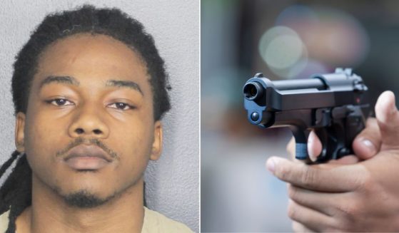According to police, armed robbery suspect Nicolas Richard Lee Deas, left, was held at gunpoint by a good Samaritan at a Family Dollar store in Fort Lauderdale, Florida, until officers arrived on the scene. At right is a stock photo of a man holding a handgun.