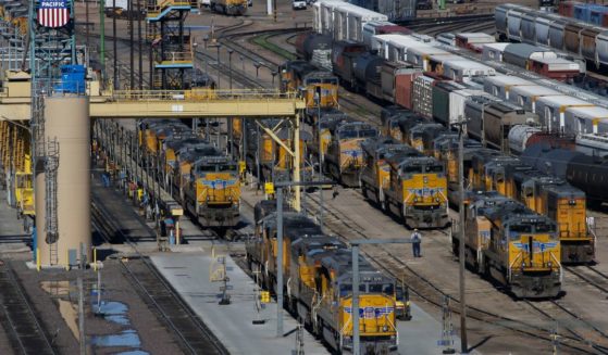 Locomotives are stacked up with freight cars in the Union Pacific Railroad's Bailey Yard, April 21, 2016, in North Platte, Nebraska.