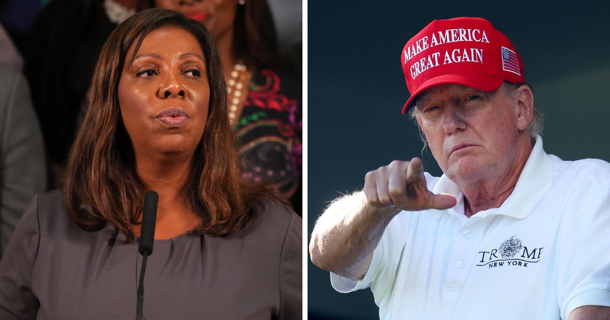 (L) NY Attorney General Letitia James speaks during a press conference on gun violence prevention and public safety on July 31, 2023 in New York City. (R) Former President Donald Trump looks on at the 18th green during day three of the LIV Golf Invitational - Bedminster at Trump National Golf Club on August 13, 2023 in Bedminster, New Jersey.