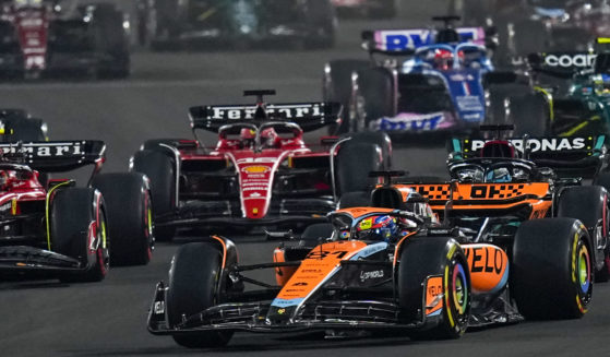 McLaren driver Oscar Piastri of Australia leads at the start of the sprint race ahead of the Qatar Formular One Grand Prix at the Lusail International Circuit in Lusail, Qatar on Saturday, October 7, 2023.