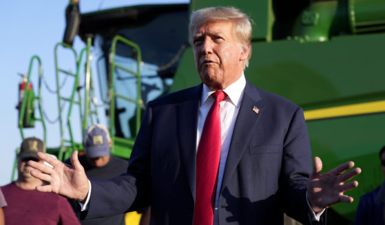 Former President Donald Trump speaks to reporters on Sunday during a visit to the Vande Voort family farm in Leighton, Iowa.